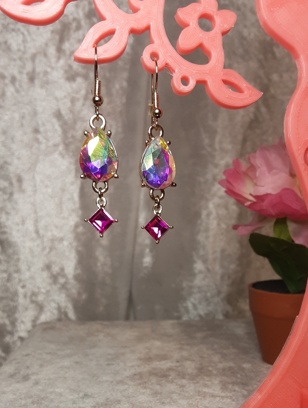 Handmade Iridescent Teardrop Dangle Earrings with Pink Accent